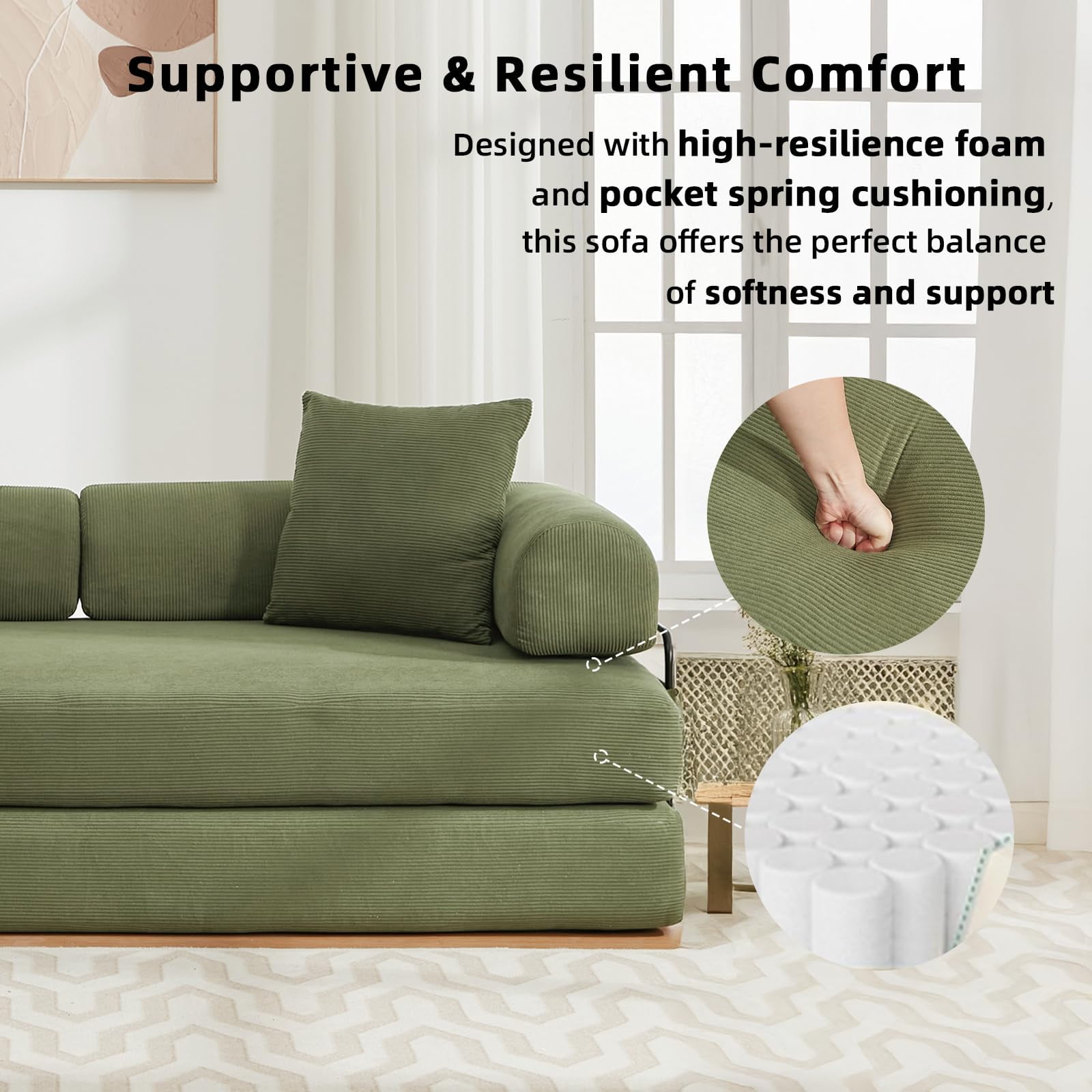 CAPCAEK 78.5" Convertible Sofa Bed, Corduroy Foldable Sleeper Loveseat with Memory Foam and 2 Pillows, Green