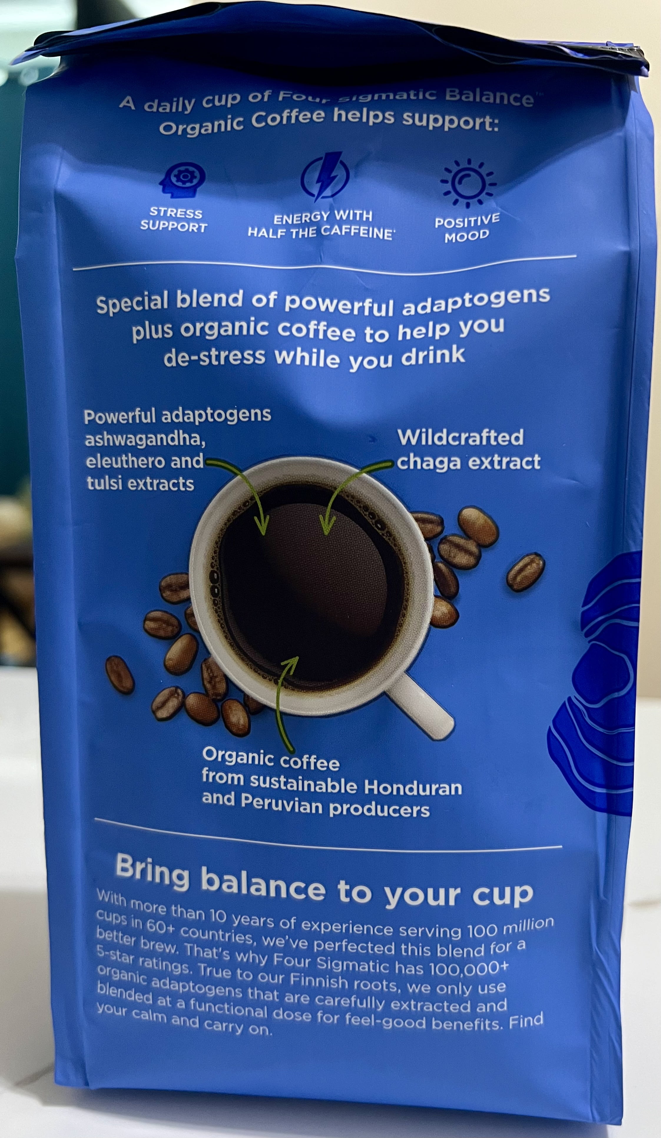 Four Sigmatic Organic Balance Adaptogen Ground Coffee | Medium Roast USDA Organic Coffee with Ashwagandha, Chaga Mushroom, Eleuthero and Tulsi for Focus and Energy Boosting | 12oz Bag