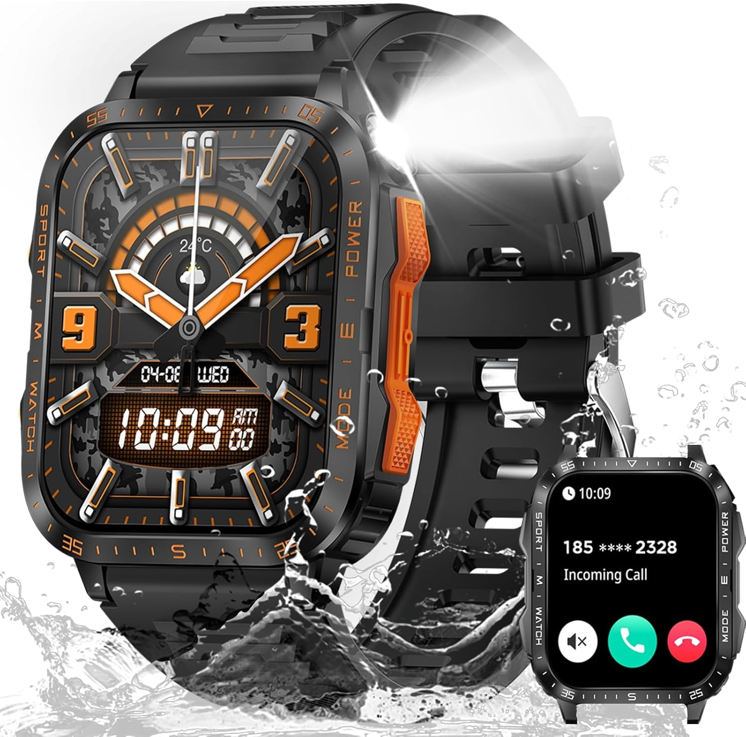 Fengqingyang Military Smartwatch for Men with LED Flashlight Watch 1.96' Big Screen Tactical Fitness Tracker with Make Calls for iPhone Android