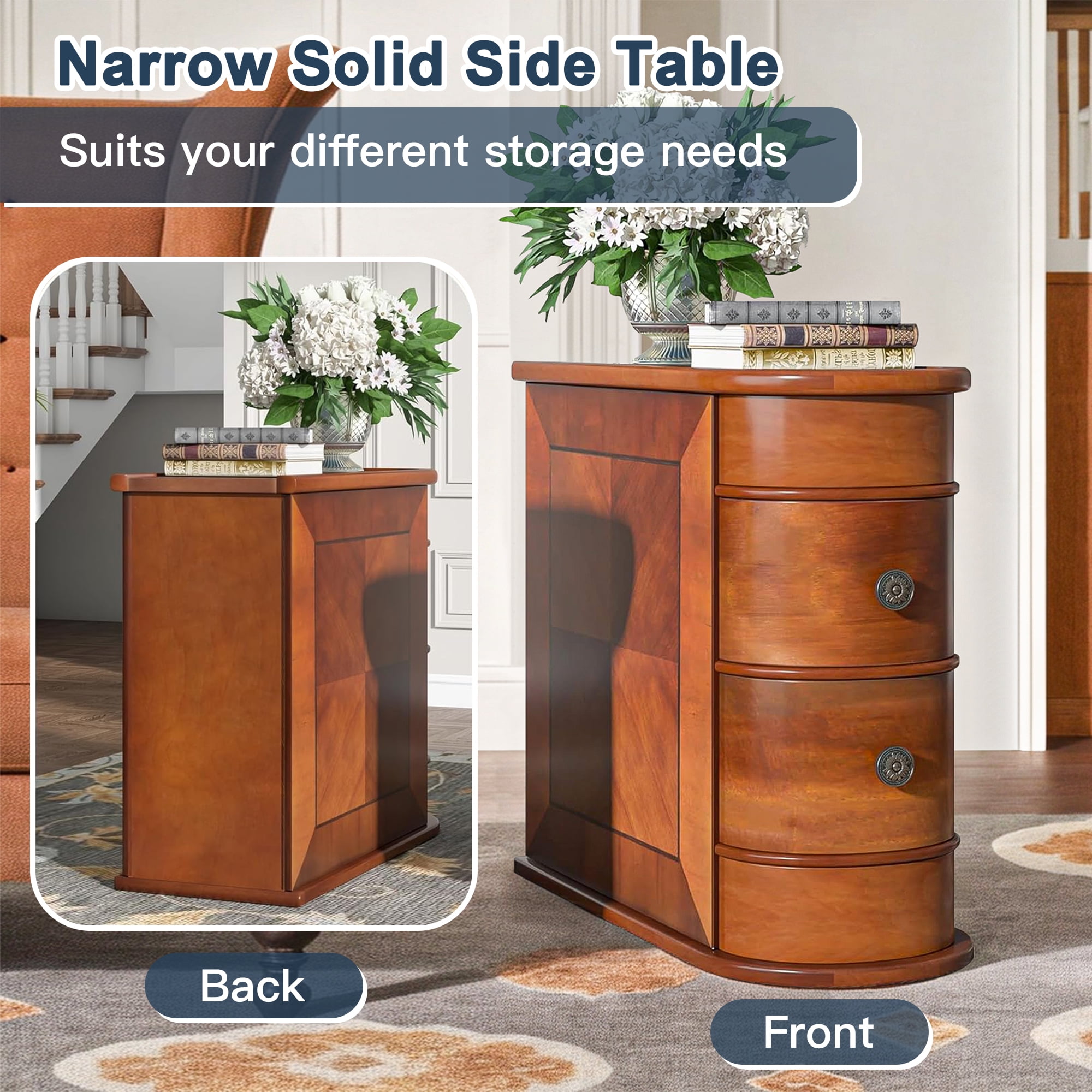 Demi Bonn Narrow Side Table with 2 Drawers, Wood Side End Table, Nightstand and Bedside Table with Storage, for Small Spaces, Brown