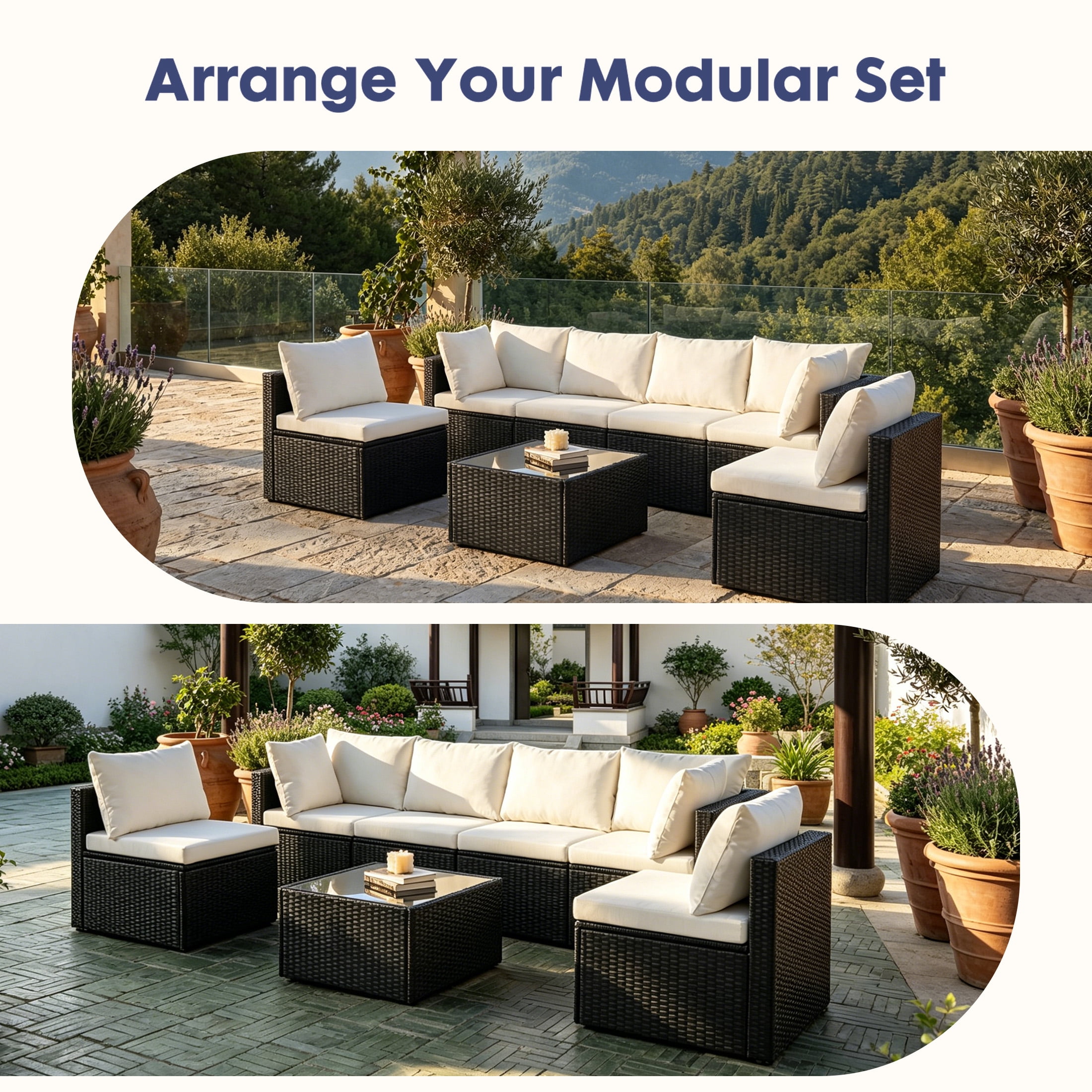 EDX 7 Piece Outdoor Wicker Patio Furniture Set, PE Rattan Sectional Conversation Set with Tempered Glass Coffee Table, Washable Cushions & Pillows for Backyard, Garden, Poolside, Black