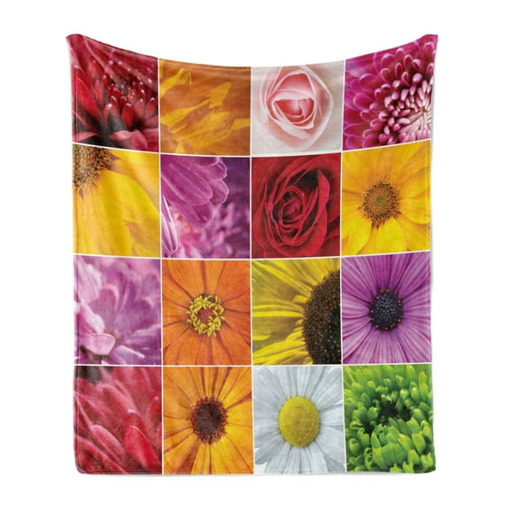Flower Soft Flannel Fleece Blanket, Chrysanthemum Rose Sunflower Violet Colorful Flowers Romance Bridal Plants, Cozy Plush for Indoor and Outdoor Use, 60" x 80", Orange Yellow Pink, by Ambesonne
