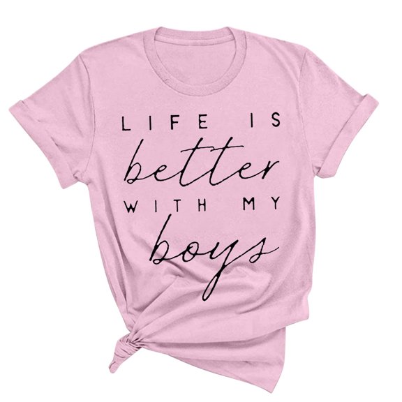 WREESH Women's Fashion Round Neck Blouse Short Sleeve Print Top for Summer Outfits Pink