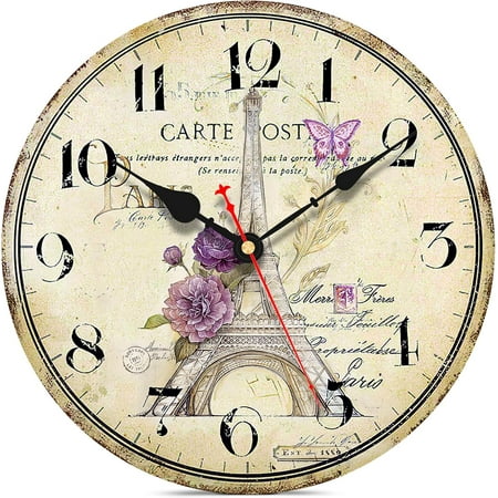 14 Inch Wall Clock, Vintage/Country/French Style Wooden Clock, Family Decoration Eiffel Tower Retro Wood Clock, Silent Non-Ticking Round Painted Paris Tower Floral Retro Style Hanging Clocks