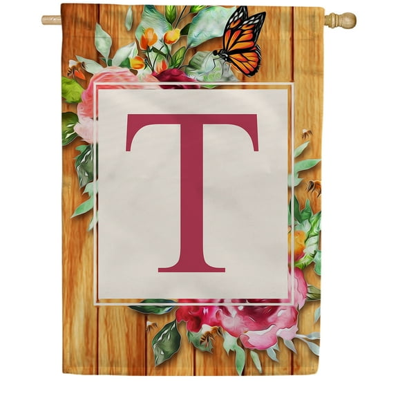 America Forever Spring Monogram House Flag Letter T 28 x 40 inches Double Sided Vertical Outdoor, Yard, Lawn, Seasonal Decorative Flowers Bees and Butterflies Summer House Flag