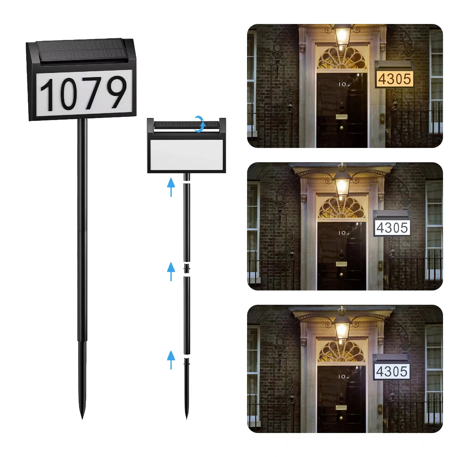 Solar Address Signs for Yard, Solar Powered House Numbers for Outside Light Up with 3-Color in 1, IP65 Waterproof LED Illuminated Plaques In Ground for Patio, Garden