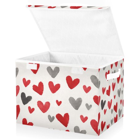 Foldable Fabric Storage Bin With Handle Collapsible Basket Box Storage With Lid Organizer Red & Gray