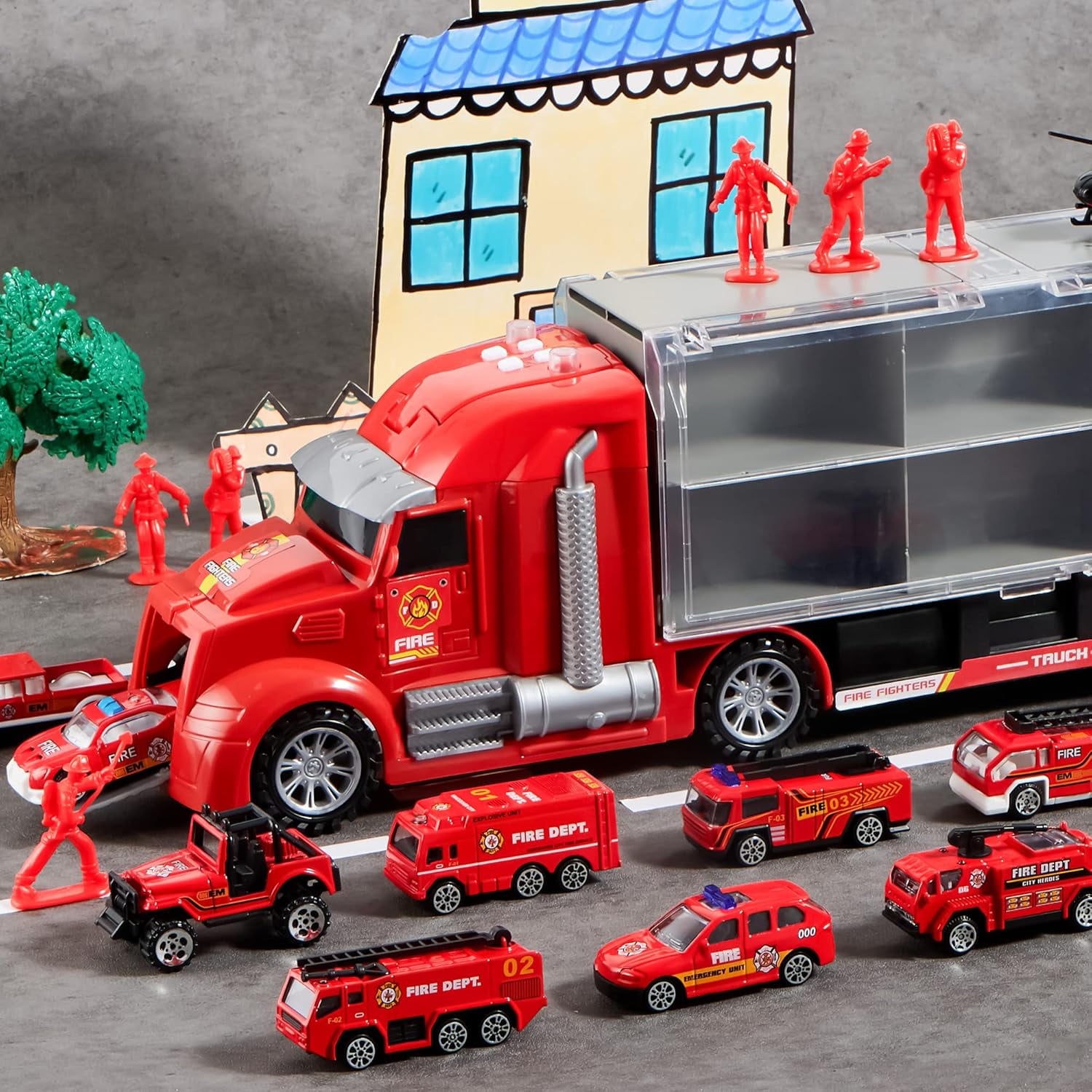 Joyfy 25 in 1 Die-cast Fire Truck Big Toys, Car Transporter Storage Truck with Sounds and Lights, Christmas and Birthday Gifts for Toddlers Kids Boys & Girls