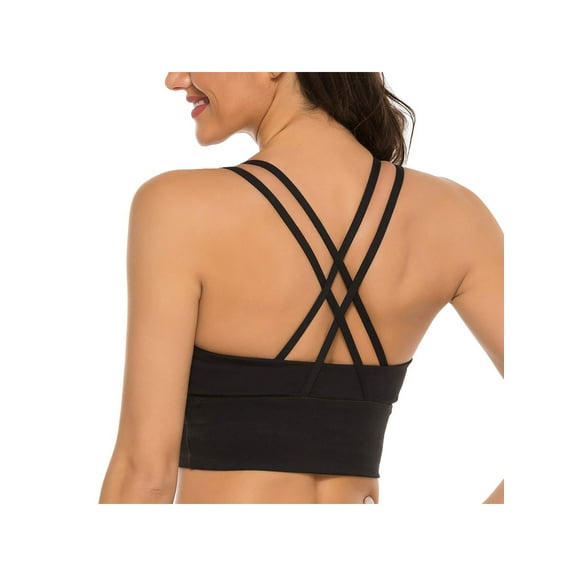 Women's Padded Strappy Sports Bras Longline Cross Back Workout Bra for Running Gym Black