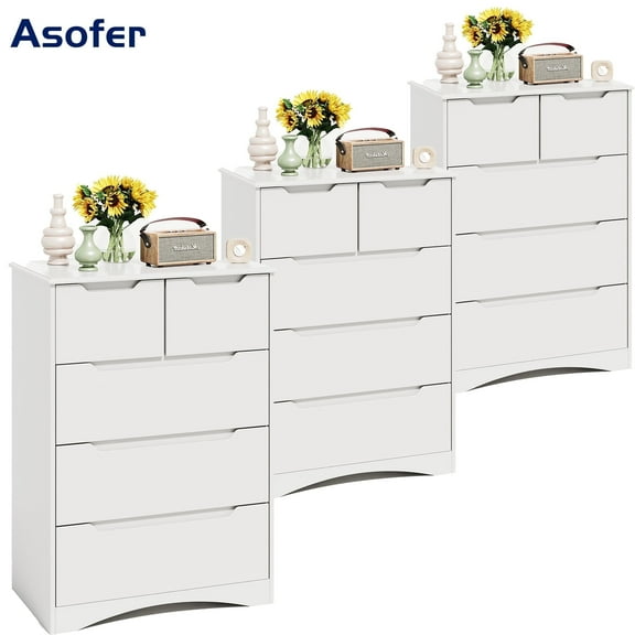 Bedroom White Dresser, Asofer 5 Drawer Dresser Wood Storage Cabinet, 3 PCS