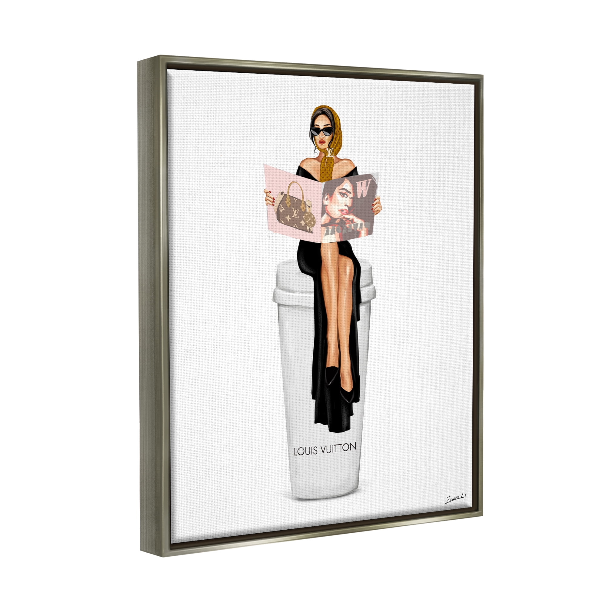 Stupell Industries Girl Reading on Coffee Food & Beverage Painting Gray Floater Framed Art Print Wall Art, 17 x 21