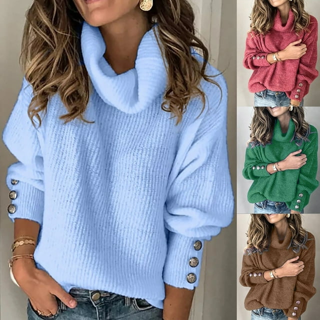 Nfurl Cowl Neck Sweaters for Women Plus Size Soft Long Sleeve Solid Color Pullover Sweater Trendy Button Printed Fall Sweaters 2025 Going Out Tops Red L