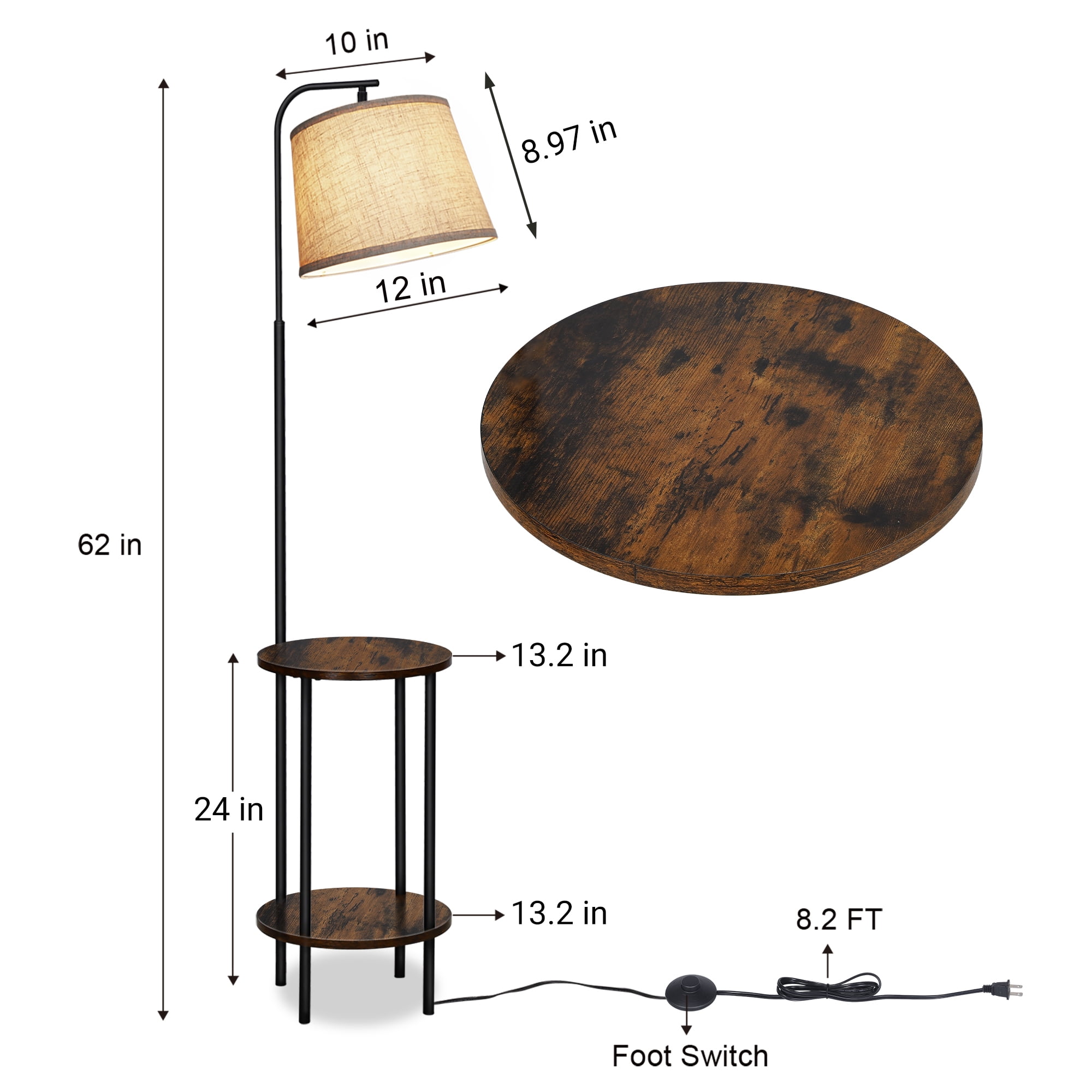 DEWENWILS Floor Lamp with Table for Living Room, 62in Rustic Farmhouse Wooden Floor Lamps, Attached End Table with Lamp for Bedroom, Office, Read Lighting, Home Decor, Brown