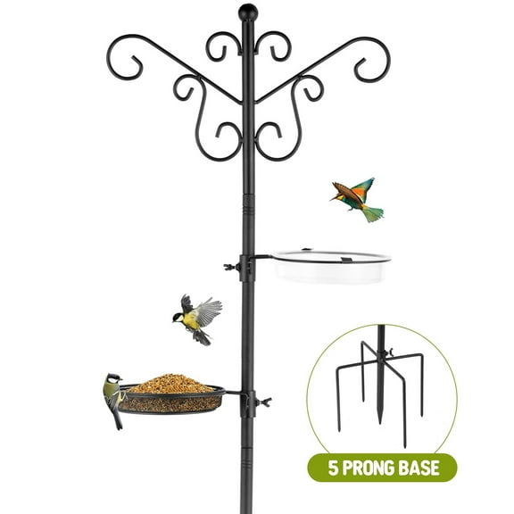 Urban Deco 6-Hook Bird Feeder Station Bird Feeder Pole with 5-Prong Base, Hanging Hooks Water Bath, Mesh Tray for Outdoors to Attract Wild Birds