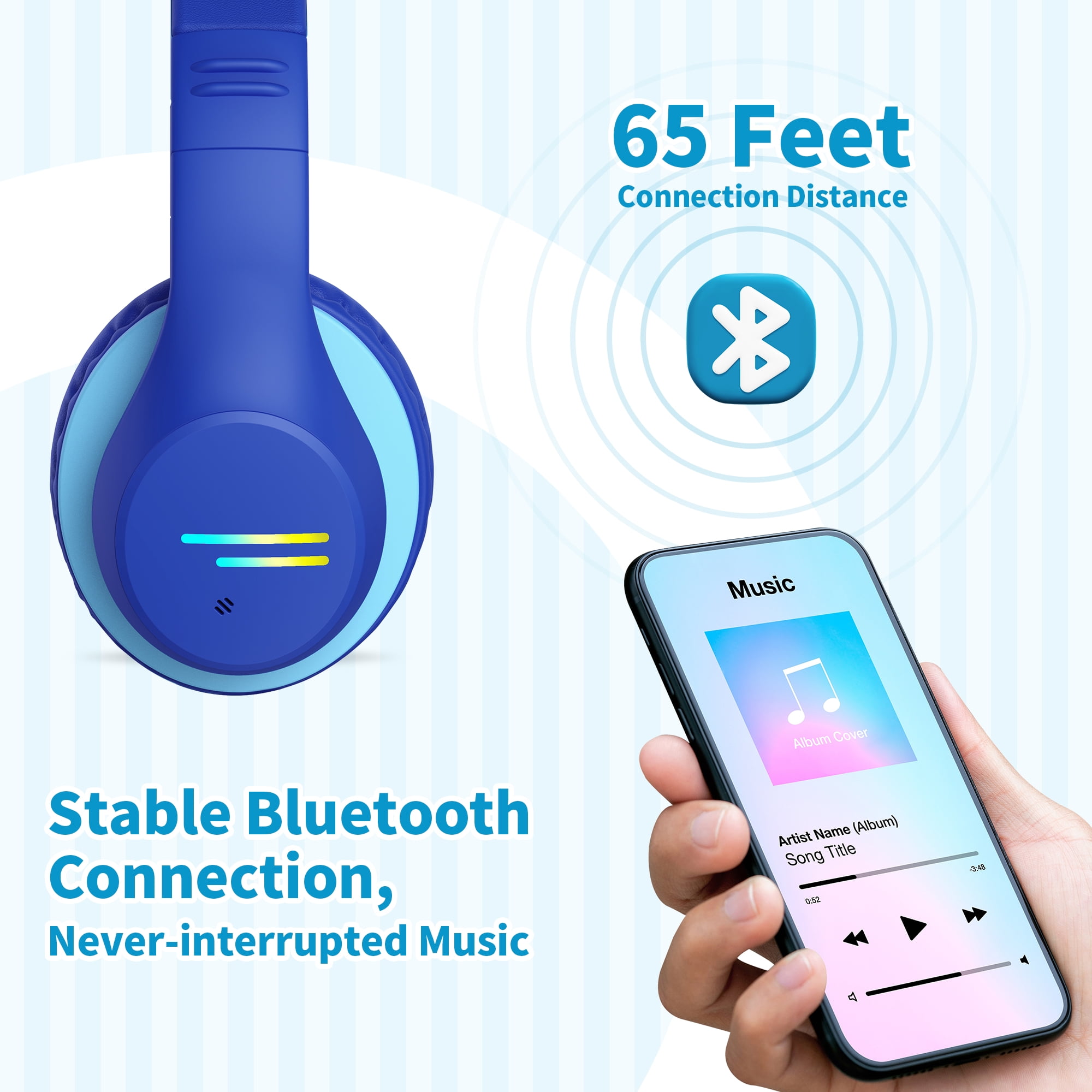 Mpow Kids Headphones Wireless, Kids Headsets with Microphones & Colorful LED Lights, 74/85/94dB Safe Volume, 90H Playtime, Fast Charging, Over Ear Toddler Headphones for School/Tablet/Airplane,Blue