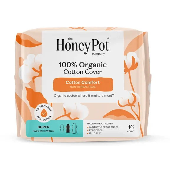 Honey Pot 100% Organic Cotton Cover Cotton Comfort Super Pads, 16ct