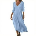 thumbnail image 2 of Formal Black Dresses, Linen Beach Casual Loose Fit V Neck 3/4 Sleeve Maxi Sundress Lightweight Wedding Guest Vacation Dress Graduation Prom Womens Sundresses Cocktail Dresses (XL, Blue) ZMTing, 2 of 5