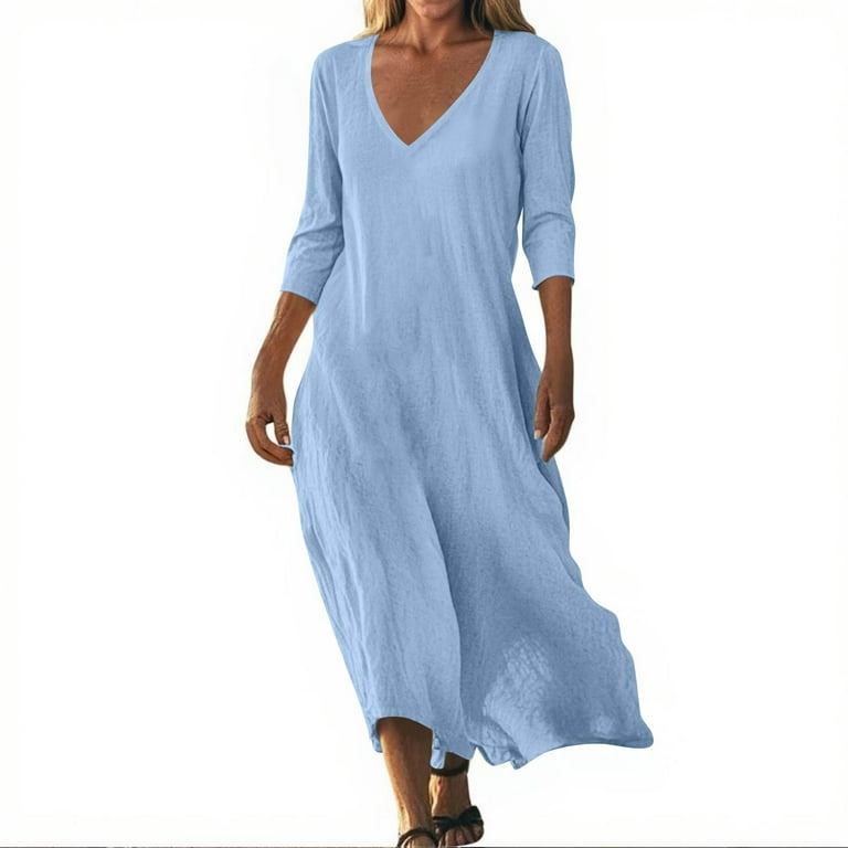Tianiyouqing Women Linen Long Pleated Dresses Elbow Length Half Sleeve Party Palazzo A-Line Dresses V Neck Cocktail Smocked Maxi Dresses Blue XL,