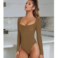 thumbnail image 3 of REORIA Women Square Neck Bodysuit Sexy Long Sleeve Ribbed Corset Tops, 3 of 9