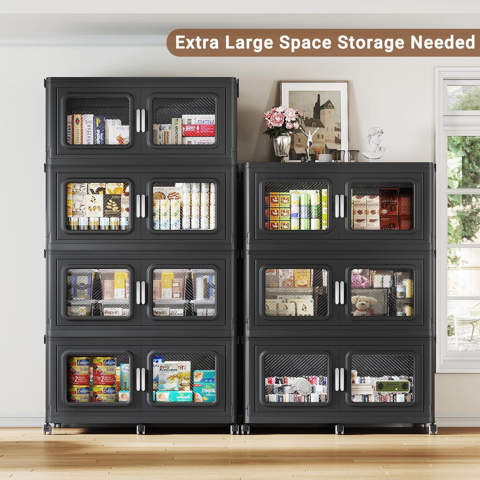 BROVIEW 300Gal Extra Large Storage Bins with Lid, 1200Qt Plastic Stackable Storage Bins with Wheels, Collapsible Closet Organizer and Storage Drawers, Storage Cabinets for Home, Office, 4 Pack, Black