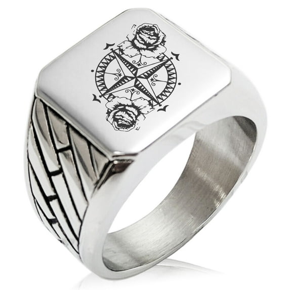 Stainless Steel Nautical Floral Rose Compass Geometric Pattern Biker Style Polished Ring