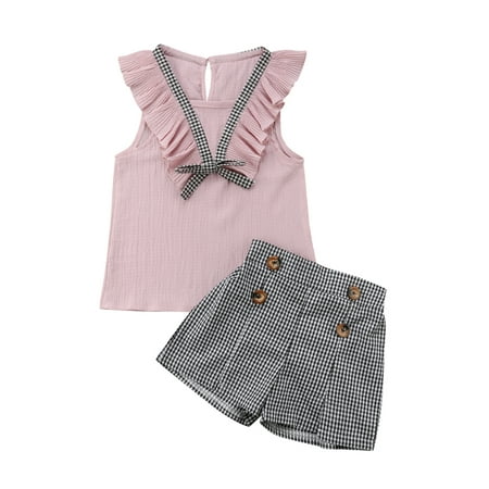 

Toddler Baby Girl Sleeveless Tops Plaid Button Summer Shorts Set Clothes Outfits