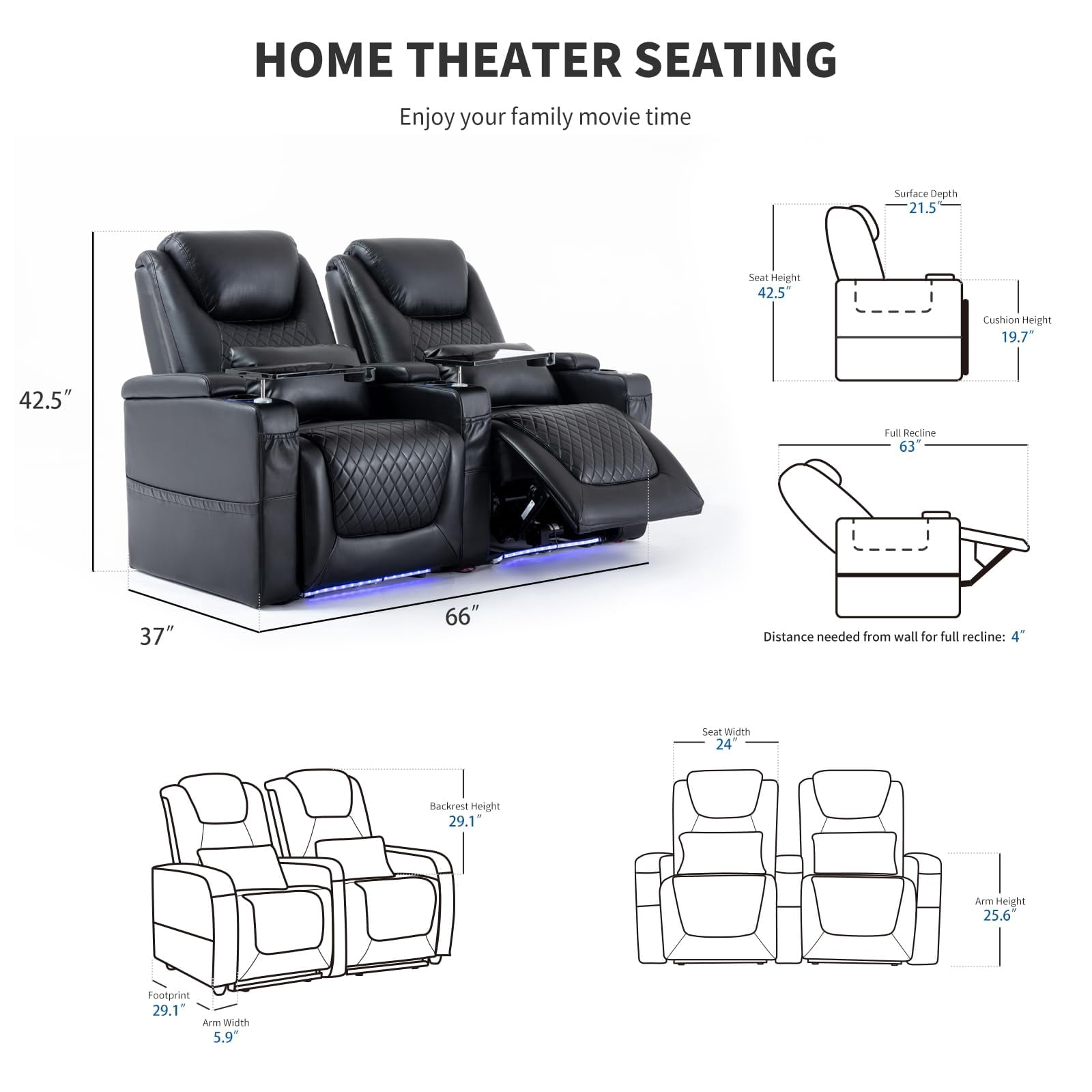 Home Theater Seating Seats, Movie Theater Chairs, Modern Recliner with Cup Holder 7 Colors Ambient Lighting ( Black)