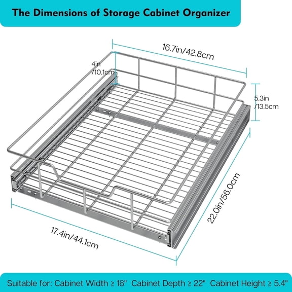STORING Pull Out Cabinet Organizer 17" W X 22" D, Slide Out Drawers for kitchen organizers and storage, Capacity Heavy Duty Caddy, Shelves Chrome-Plated, Pantry