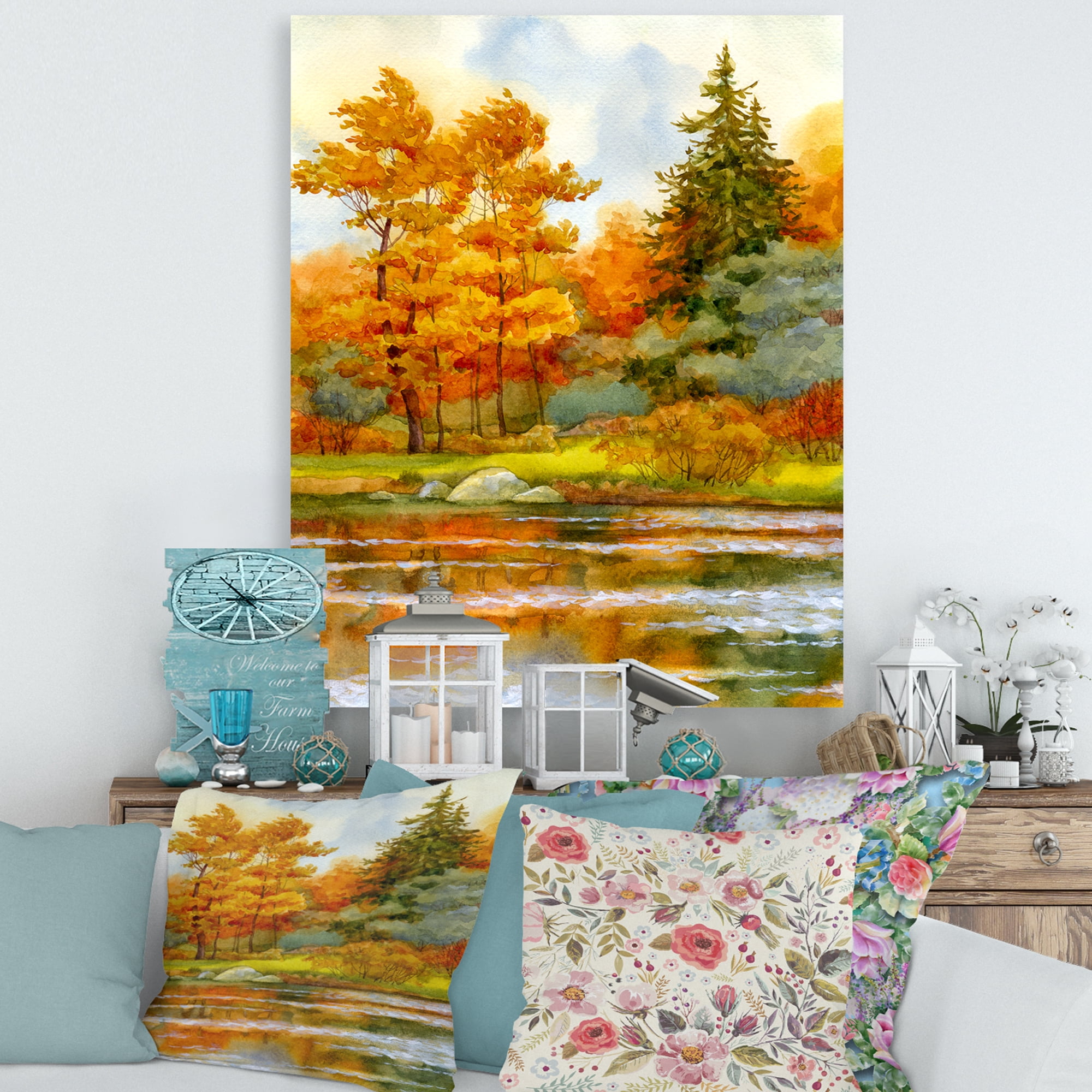 Designart ' Autumn Forest By The Lake Side III ' Lake House Canvas Wall Art Print