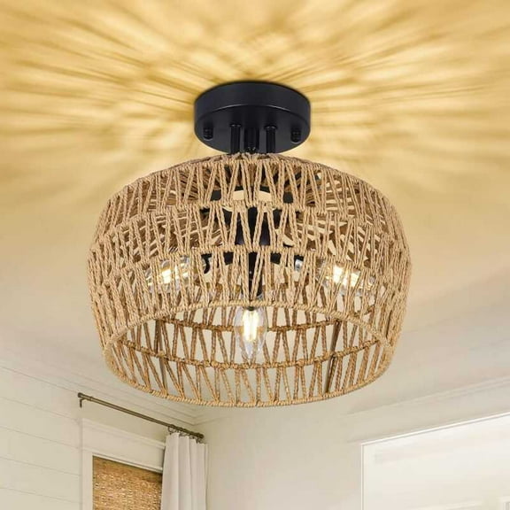 Semi Flush Light, Rattan Fixture Mount with Handmade Wicker Lampshade, 3-Lights Boho Chandelier, Woven Close to Ceiling Light for Bedroom Hallway Living Room Kitchen