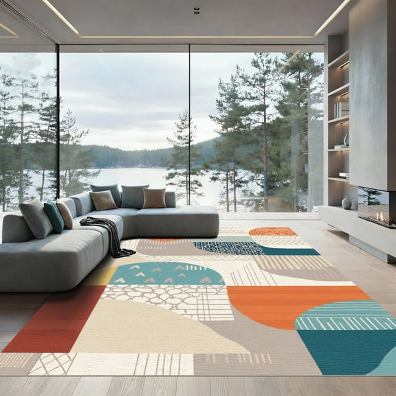 ODIKA 4'x6' Machine Washable Non-Slip Area Rug, Geometric Orange High Traffic Rug, Beige, 1090955