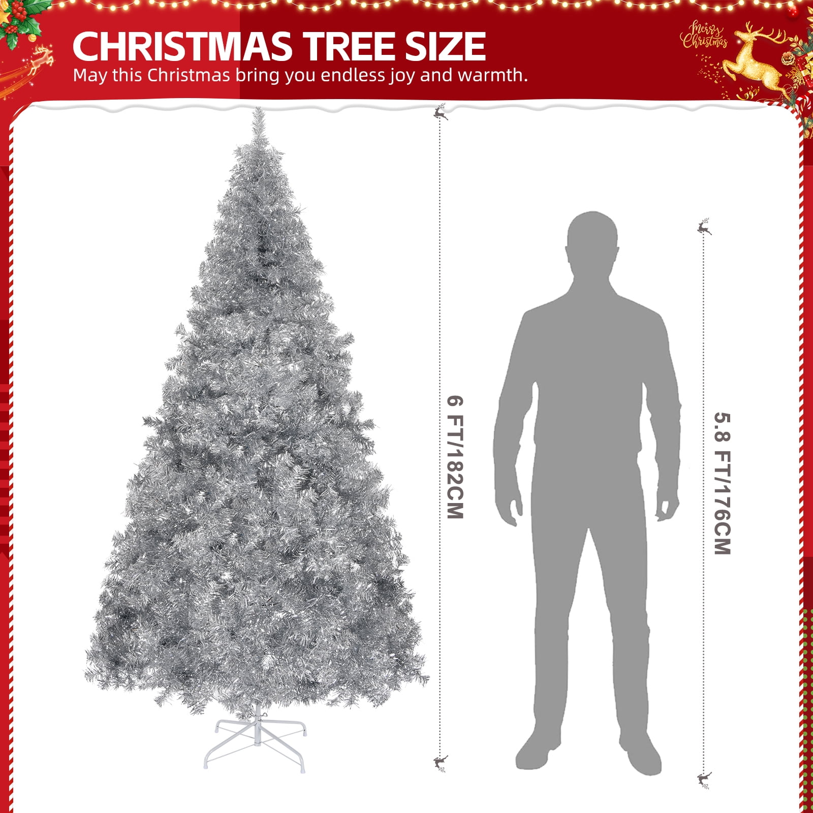 6 FT Artificial Christmas Tree Unlit Hinged Christmas Pine Tree 800 Branch Tips Sturdy Metal Base for Home Store Party Holiday Decor Silver