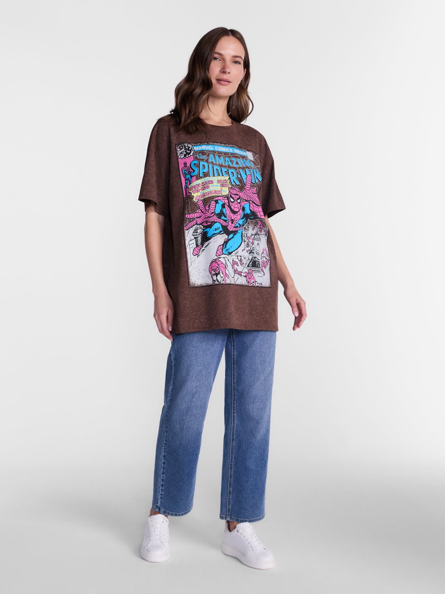 Marvel Spider-Man Women's Washed Oversized Graphic Tee with Short Sleeves, Sizes XXS-XXL