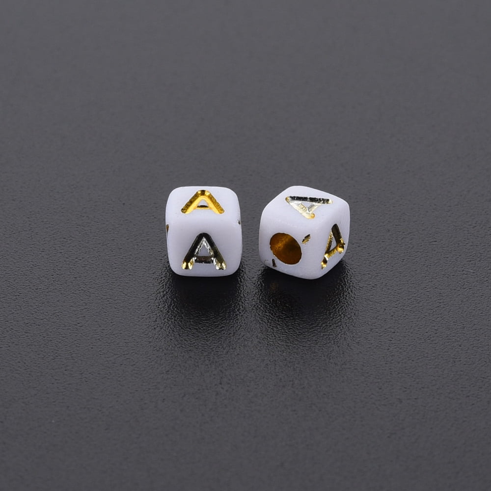 Opaque White Acrylic Beads Metal Enlaced Cube with Letters Letter.A 4.5mm Hole: 2mm about 5000pcs/500g