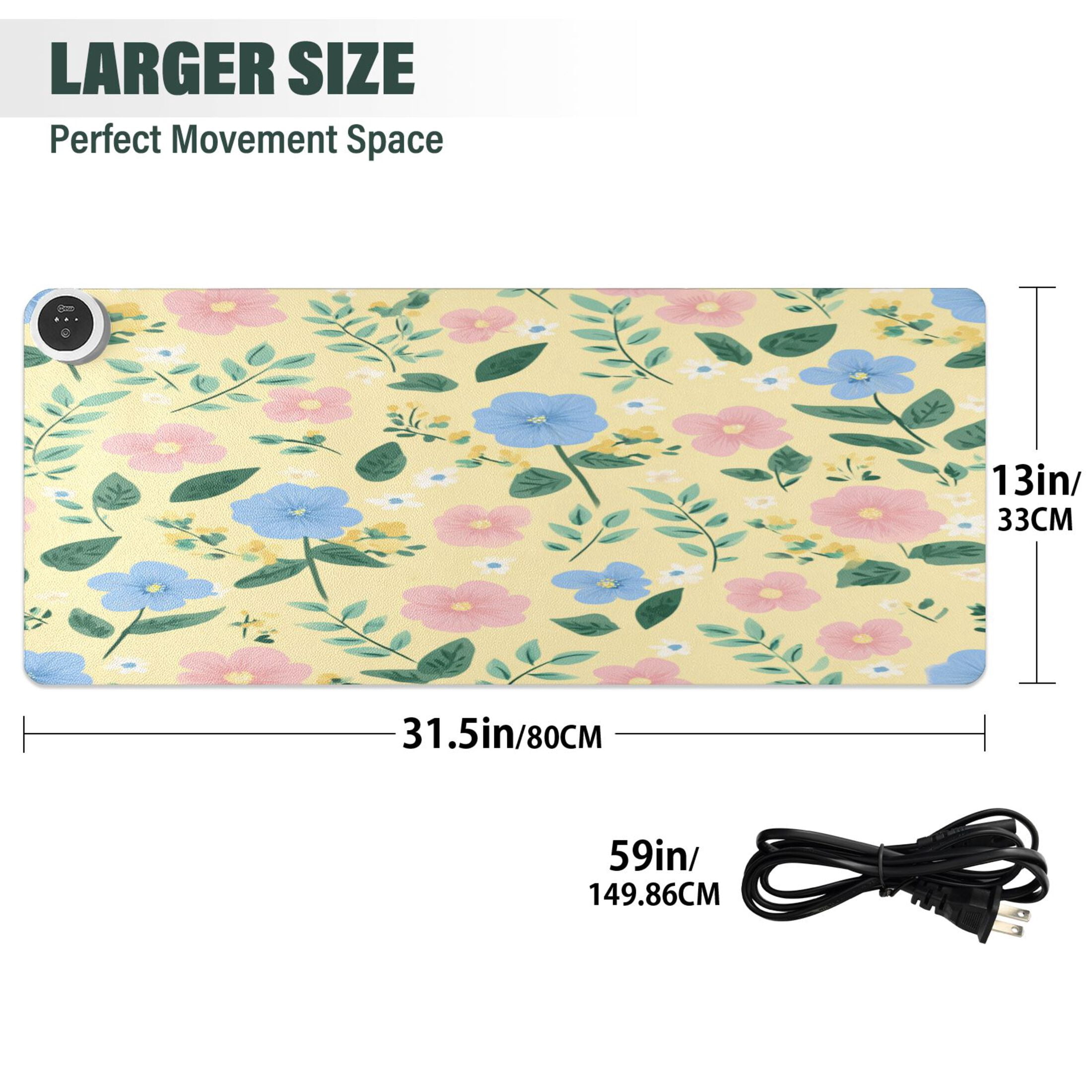 Large Heated Desk Mat Mouse Pad 31.5"x13"PU Leather Graphene Heating Desk Warmer with 3 Temperature Settings 110V US Plug Non-Slip Warm Pad for Home, Office, and Gaming Sweet Buttercup Floral Bloom