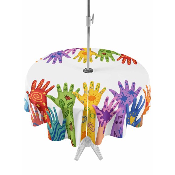 Outdoor Tablecloth with Umbrella Hole for Patio/Picnic/Party/Camping, Colorful Hands Print Waterproof Table Cloth Round Cover Washable, Cartoon Cute Funny White (Dia 54")