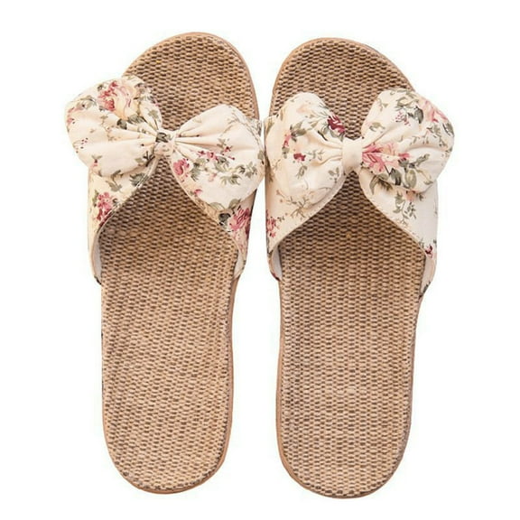 ICQOVD Women Female Bohemia Bowknot Flax Linen Flip Flops Beach Shoes Sandals Slipper