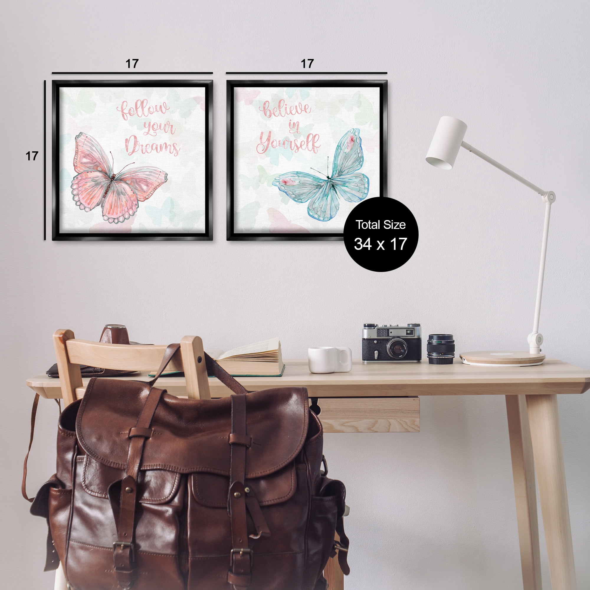 Stupell Industries Believe In Dreams Butterflies Animals & Insects Painting Black Floater Framed Canvas Art Print Wall Art, 18 x 18, Set of 2