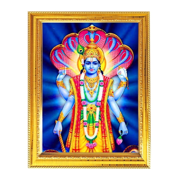 Shri Hari Vishnu Narayana Ji Indian God Photo With Golden Frames Wall Table 8.3X6.5 Inches