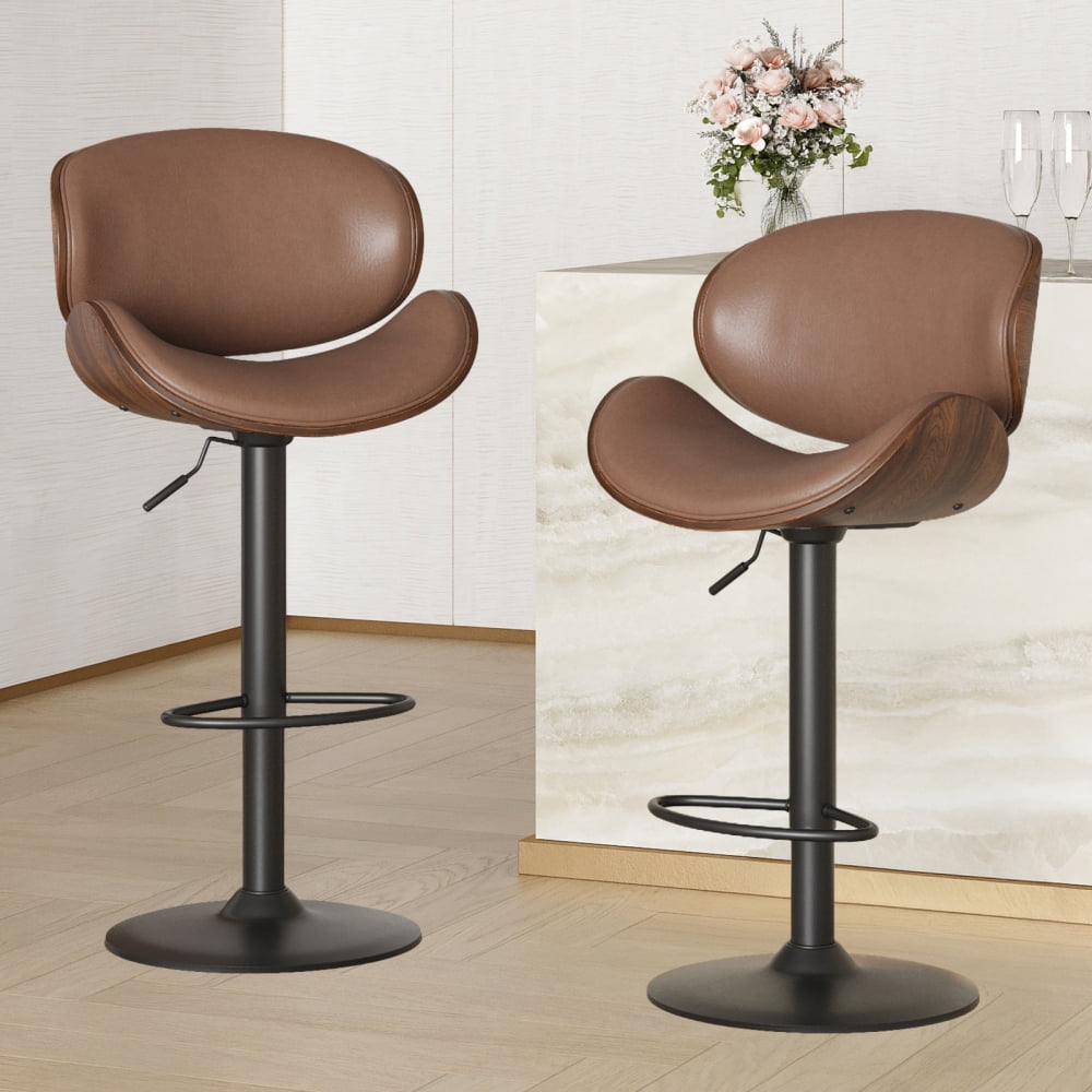 A set of 2 height-adjustable swivel bar stools with PU leather seats and backrests, featuring footrests, suitable for kitchen bar counters or home bars
