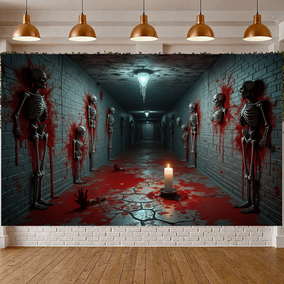 Scary Skeleton Decoration Haunted House Halloween Banner for Horror Party Indoor Event Spooky Decor
