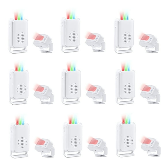 NineLeaf Motion Sensor Alarm,Door Buzzer for Business Entry,Motion Sensor Ring,918ft Long Range,Anti-theft,4-color LED light,17 Music 5 Volume Levels,Easy installation,for Shops, Offices,hotel,9PK