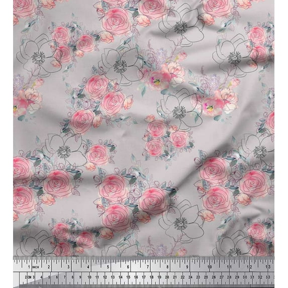 Soimoi Gray Cotton Duck Fabric Leaves & Rose Floral Printed Craft Fabric by the Yard 44 Inch Wide