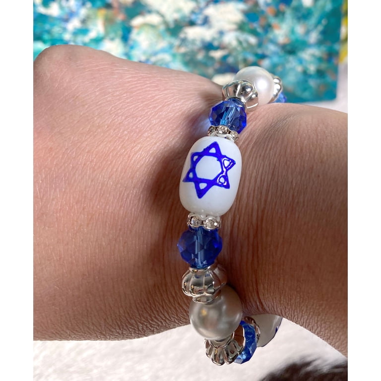 Hanukkah Star of David Beaded Bracelet, Blue & White photo 2