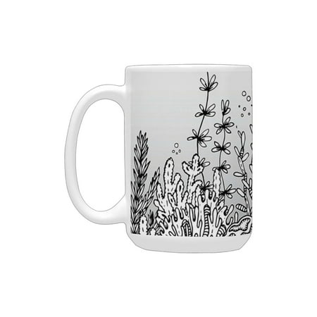 

Ocean Monochrome Hand Drawn Illustration Underwater Sea Plants Algae Corals Marine Theme Black White Ceramic Mug (15 OZ) (Made In USA)