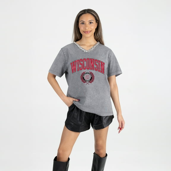 Women's Gameday Couture Gray Wisconsin Badgers Iconic Edge Rhinestone V-Neck T-Shirt