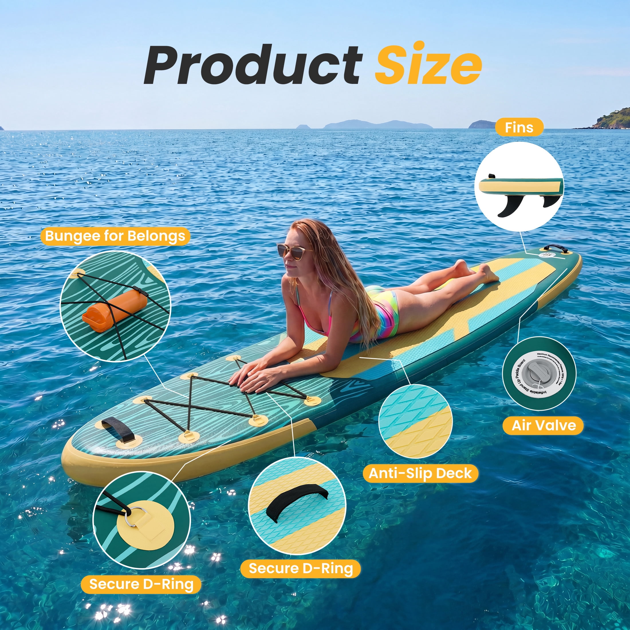 EDX 10.6 ft Inflatable Stand Up Paddle Board, 33" Wide SUP with Paddle, Pump, Fins, Leash & Carry Bag, Non-Slip Stable Board for Adults & Beginners, Yellow Green