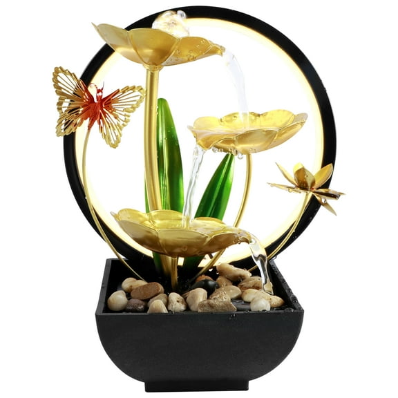 Tabletop Water Fountain with Natural Rocks and LED Ring Lights USB Powered Indoor Tabletop Fountain3-Tiers Lotus Leaf Small Waterfall Fountains Zen Relaxation Fountain for Home Office Yuga Decor