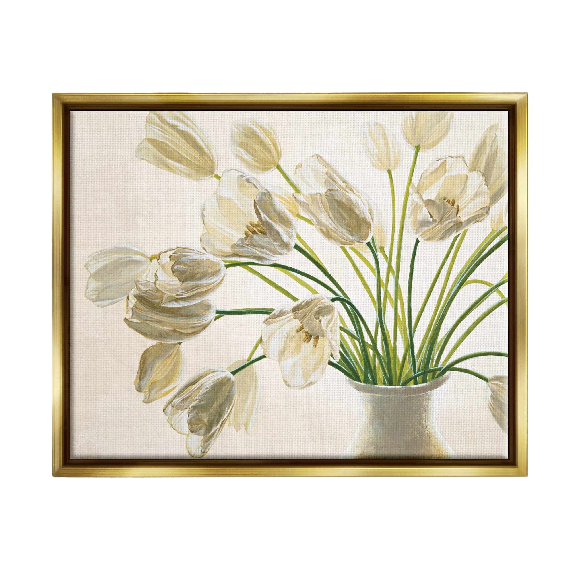 Stupell Industries Tranquil White Tulip Bouquet in Country Vase Metallic Gold Framed Floating Canvas Wall Art, 16x20, by Eva Barberini