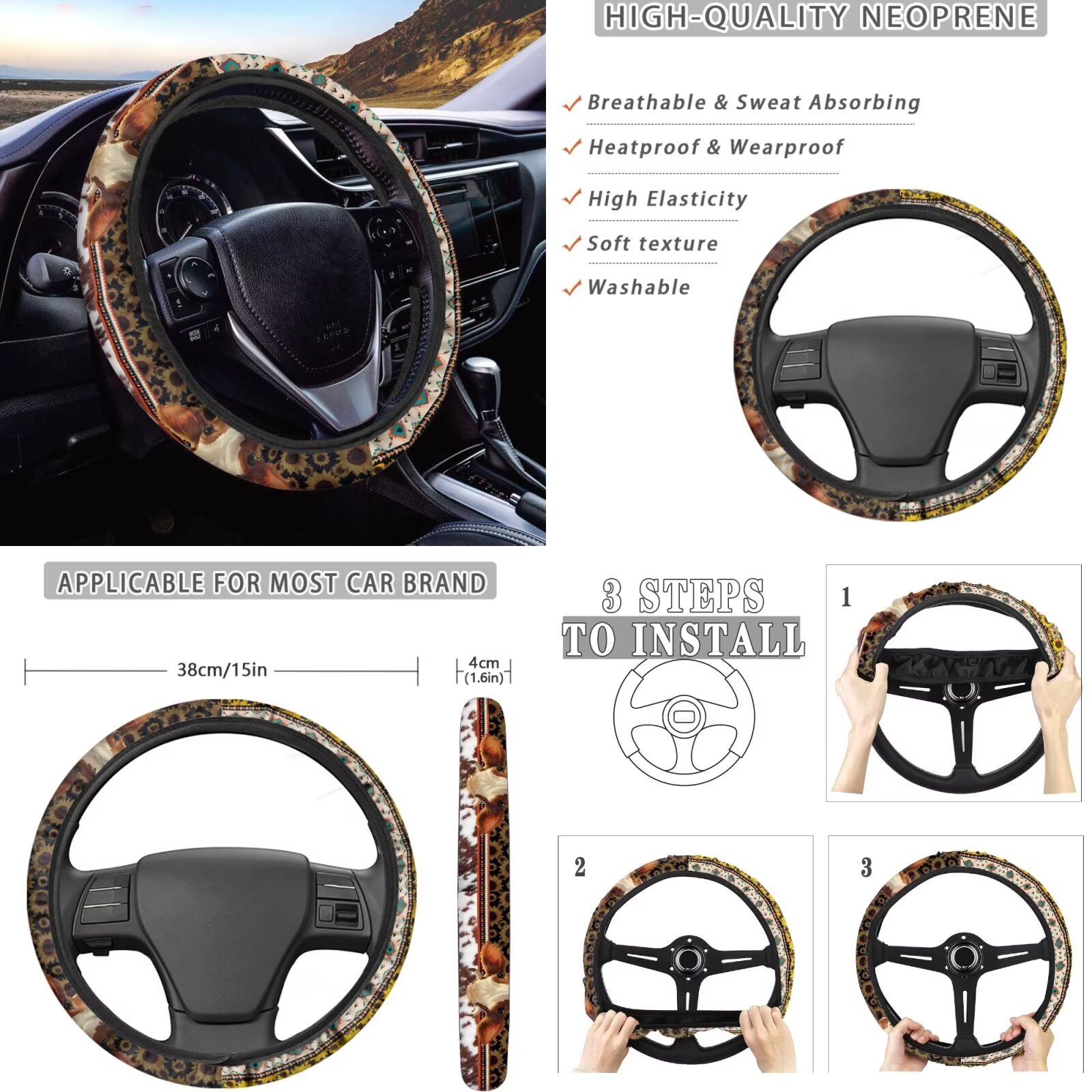 Garronmavis Aztec Highland Cow Sunflower Car Accessories Set with Steering Wheel Wrap Gear Shift Cover Handbrake Sleeve Headrest Protectors Cup Coasters Lightweight Auto Accessiores Universal Fit